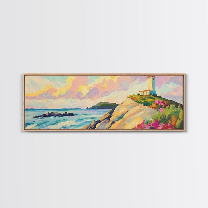 Pastel Lighthouse On Rocky Coast Canvas Print, Coastal Wall Art, Beach House Decor, Ocean Landscape, Nautical Living Room Art