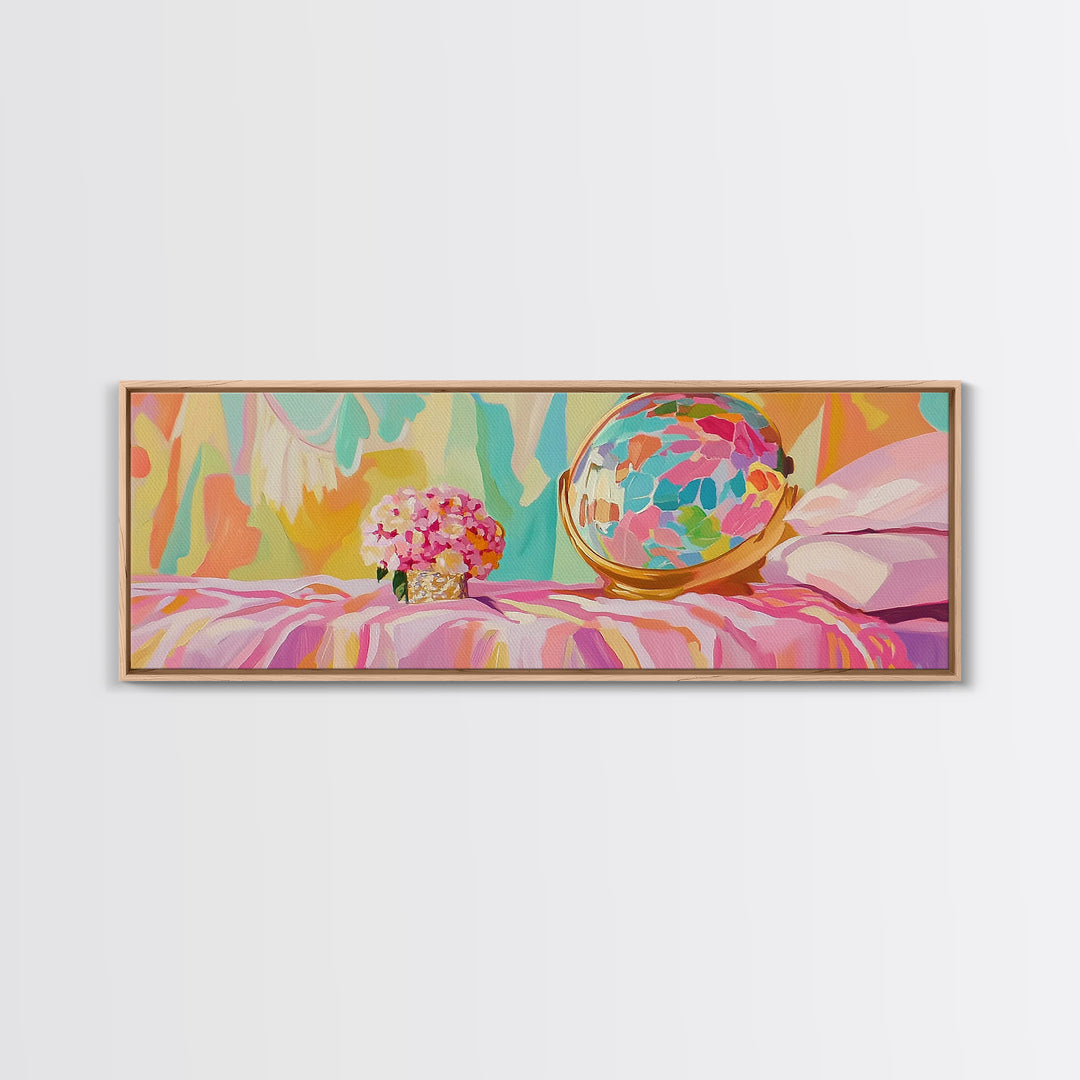 Pastel Vanity Globe And Pink Bouquet Framed Canvas Print, Girly Bedroom Wall Art, Coquette Room Decor, Gift For Her, Aesthetic Wall Art