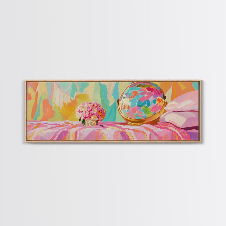 Pastel Vanity Globe And Pink Bouquet Framed Canvas Print, Girly Bedroom Wall Art, Coquette Room Decor, Gift For Her, Aesthetic Wall Art