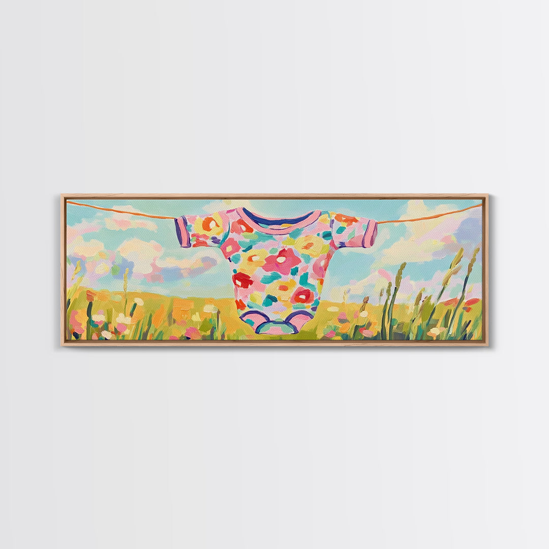 Floral Baby Onesie On Clothesline Wall Art, Nursery Wall Art For Baby Girl Room Decor, Baby Shower Gift, Kids Room Decor
