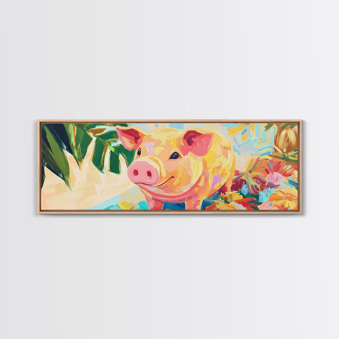 Smiling Pink Pig With Tropical Flowers Canvas Print, Whimsical Animal Wall Art, Farm Animal Nursery Decor, Cute Home Decor