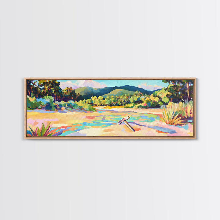 Colorful Sandy River Beach Framed Canvas Print, Coastal Wall Art, Mountain Landscape Art, Summer Decor, Housewarming Gift