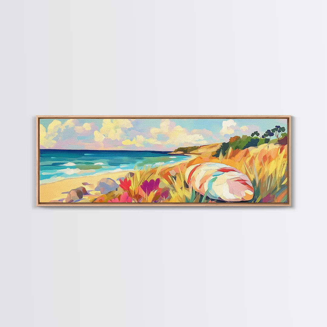 Sunny Coastal Beach With Seashell And Wildflowers Wall Art, Ocean Landscape Canvas Print, Beach House Decor, Summer Vibes