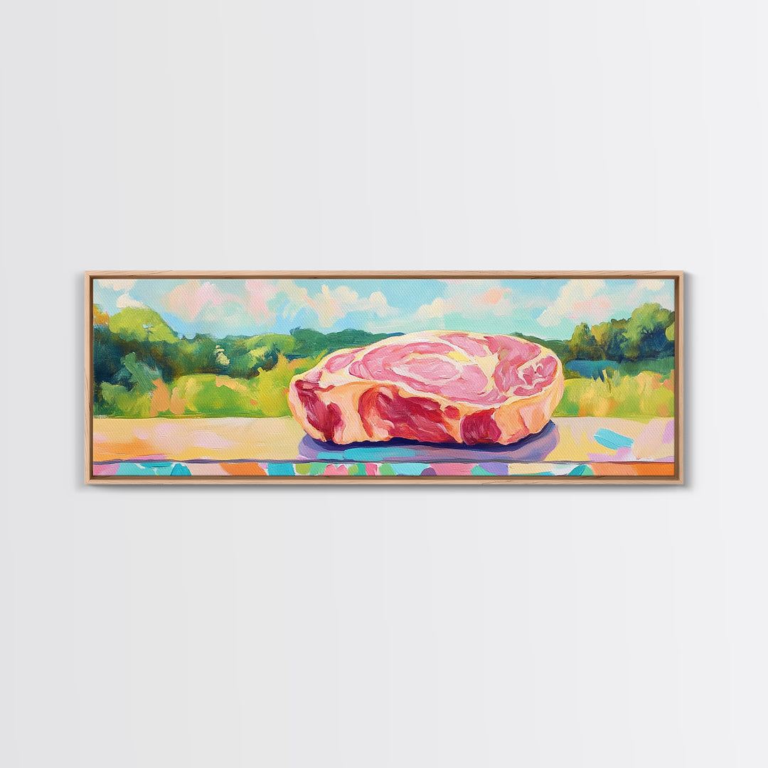 Pastel Steak Still Life In Green Meadow Wall Art, Quirky Kitchen Canvas Print, Colorful Food Decor, Dining Room Art Gift