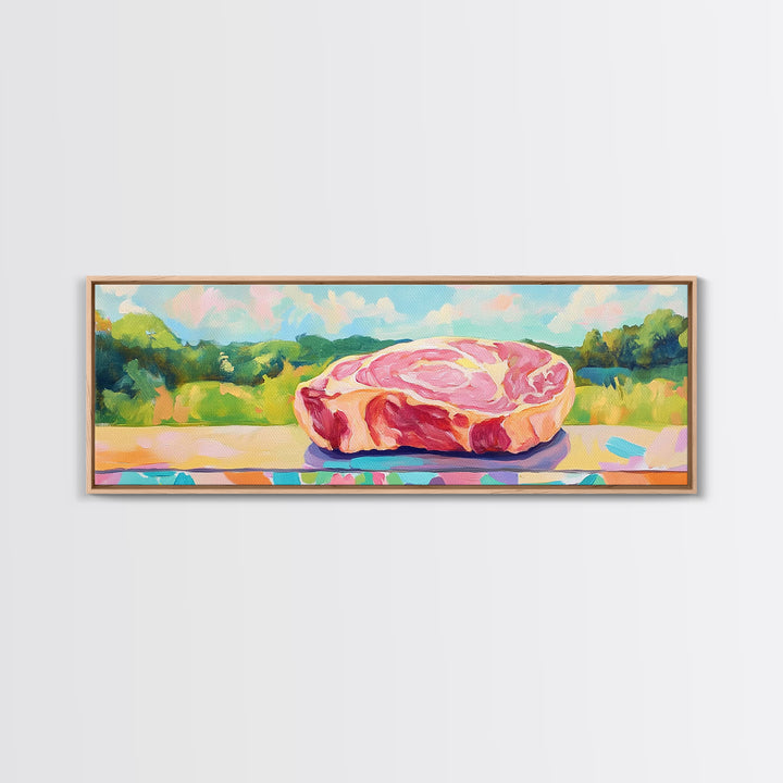 Pastel Steak Still Life In Green Meadow Wall Art, Quirky Kitchen Canvas Print, Colorful Food Decor, Dining Room Art Gift