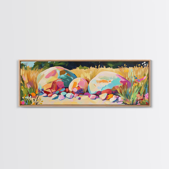 Sunlit Painted Boulders In Golden Meadow Wall Art, Modern Landscape, Nature Wall Decor, Rustic Home Decor, Canvas Print, Housewarming Gift