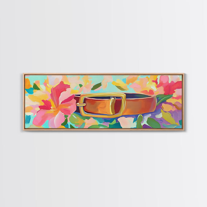Leather Belt With Gold Buckle And Pink Flowers Wall Art, Feminine Wall Decor, Western Decor, Floral Canvas Print, Gift For Her