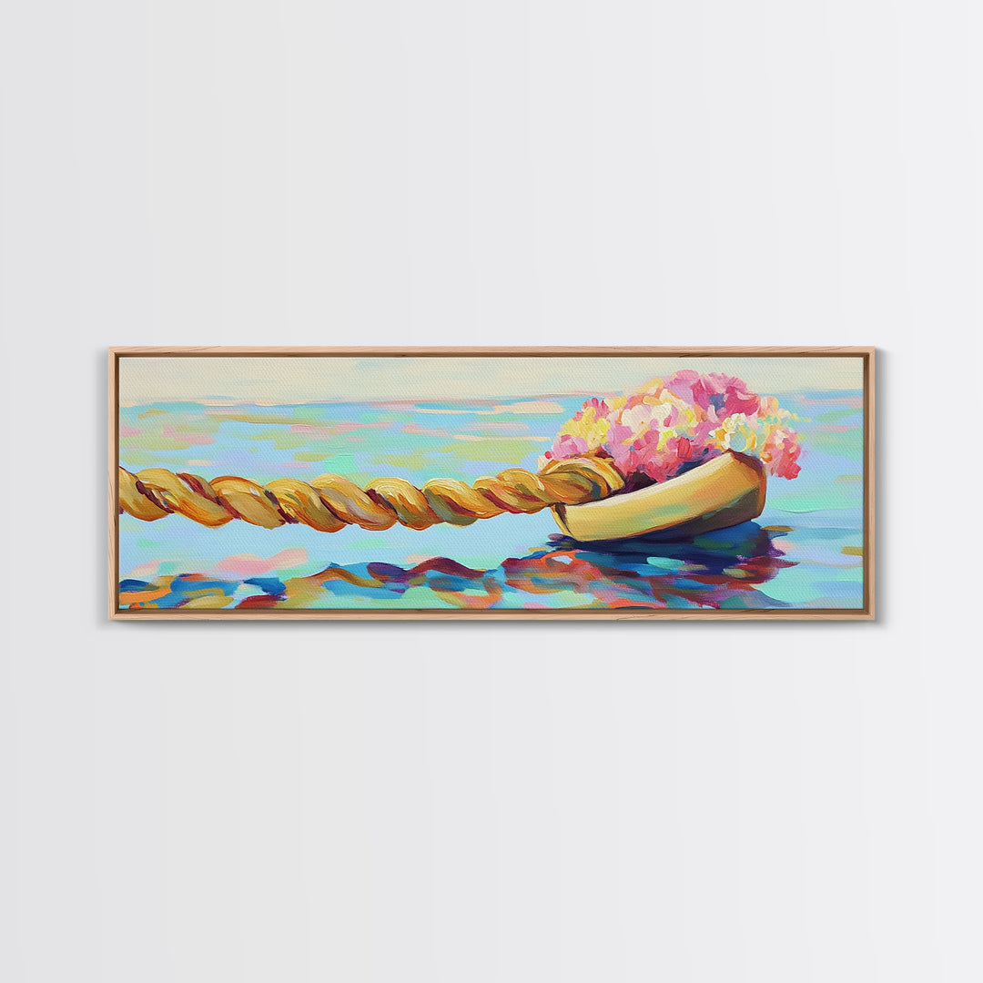 Wooden Boat With Pink Flowers And Rope On Water Canvas Print, Coastal Wall Art, Nautical Decor, Beach House Decor, Gift For Her