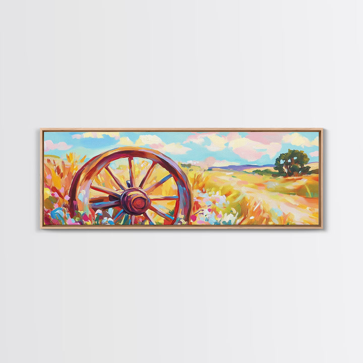 Rustic Wagon Wheel In Wildflower Field Framed Canvas Print, Farmhouse Wall Art, Country Landscape Decor, Gift For Him Home Decor