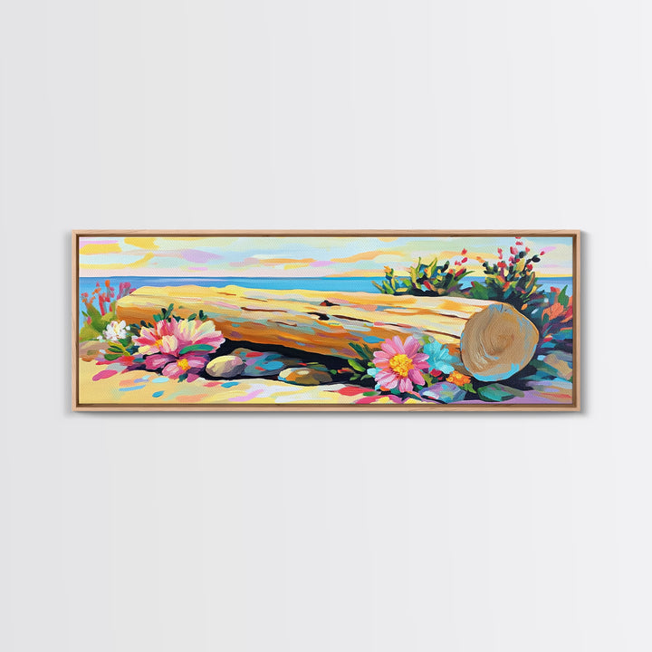 Beach Hat And Flowers On Sandy Shore Canvas Print, Coastal Wall Art, Beach House Decor, Summer Seascape, Nautical Gift Art