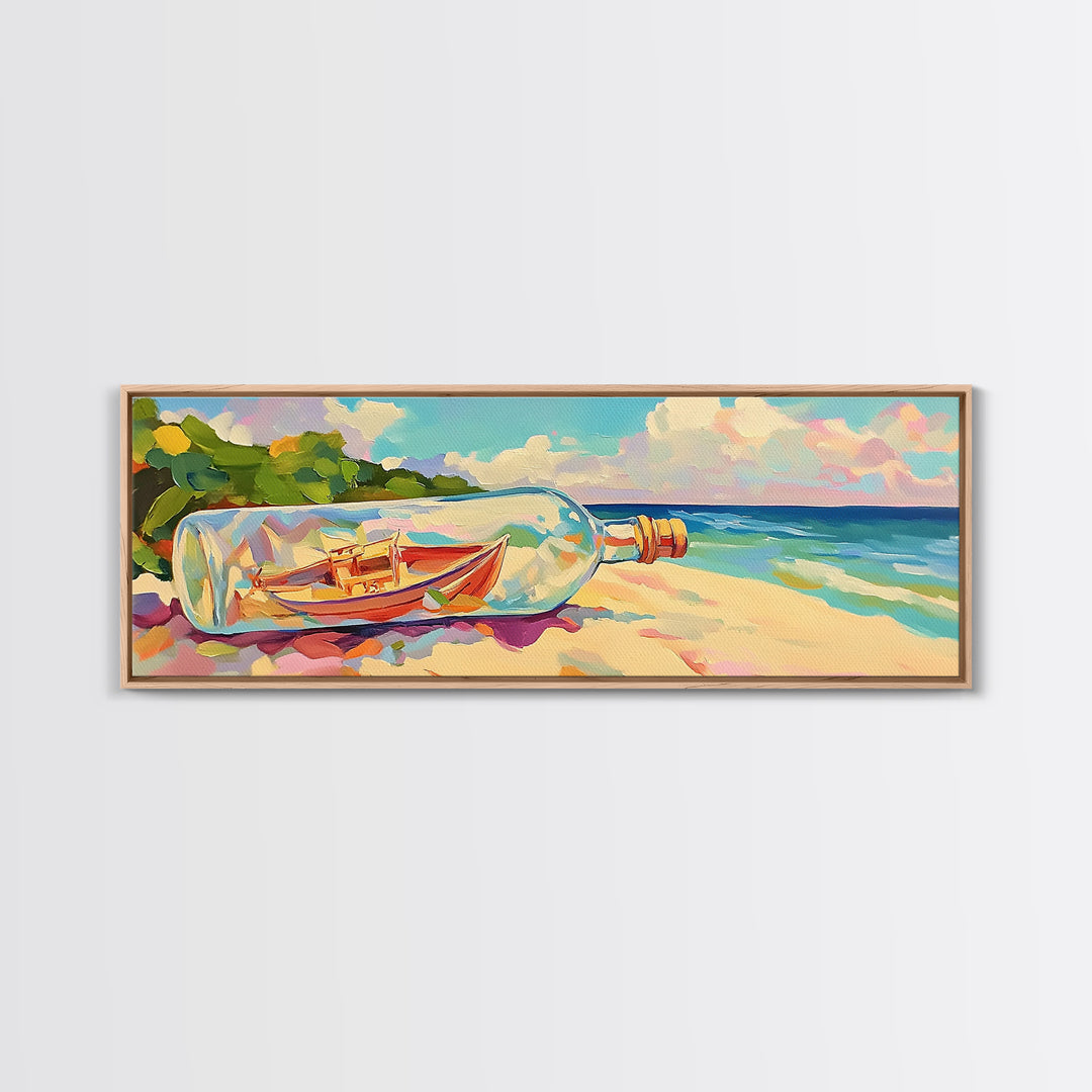 Boat In A Bottle On Sunny Beach Wall Art, Coastal Canvas Print, Ocean Wall Decor, Nautical Decor, Beach House Decor, Seascape Art