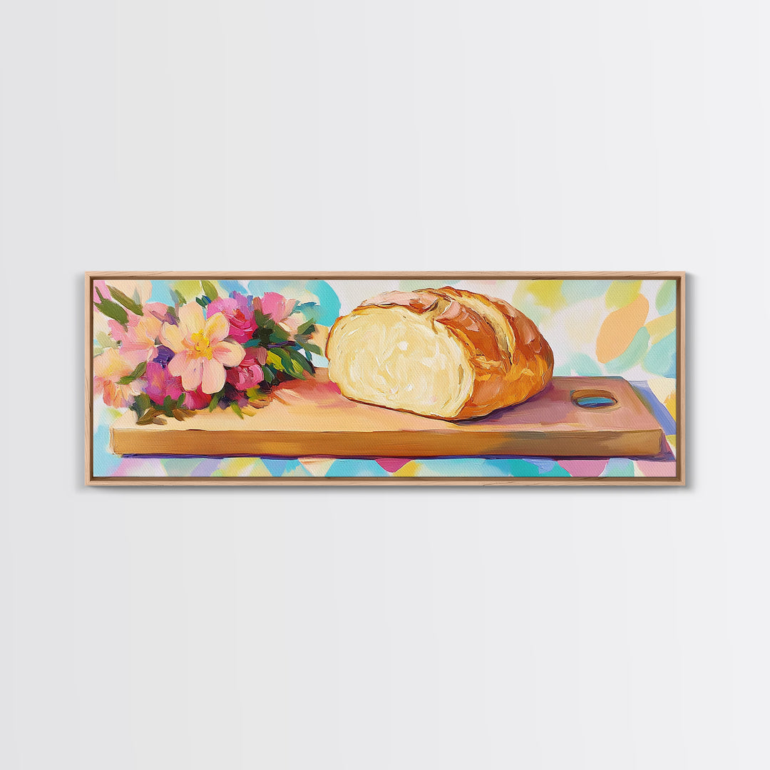 Crusty Bread Loaf And Flowers Canvas Print, Cozy Kitchen Wall Art, Bakery Decor, Food Still Life Art Print, Housewarming Gift
