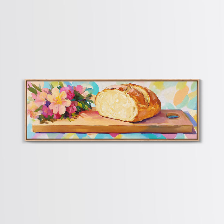 Crusty Bread Loaf And Flowers Canvas Print, Cozy Kitchen Wall Art, Bakery Decor, Food Still Life Art Print, Housewarming Gift