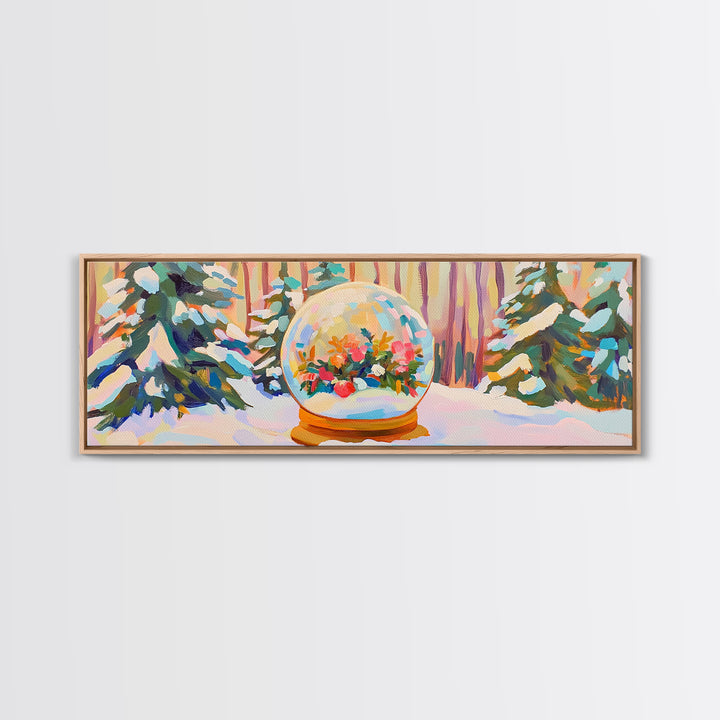 Winter Forest Snow Globe With Flowers Framed Canvas Print, Cozy Christmas Wall Art For Cabin Decor And Seasonal Home Decor