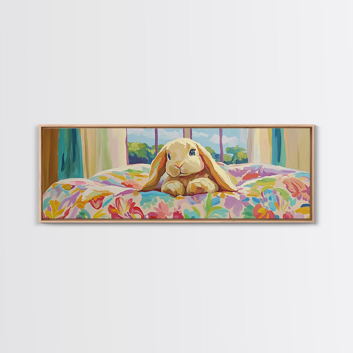 Sweet Bunny On Floral Bed Framed Canvas Print, Nursery Wall Art, Whimsical Kids Room Decor, Cute Animal Baby Shower Gift For Her