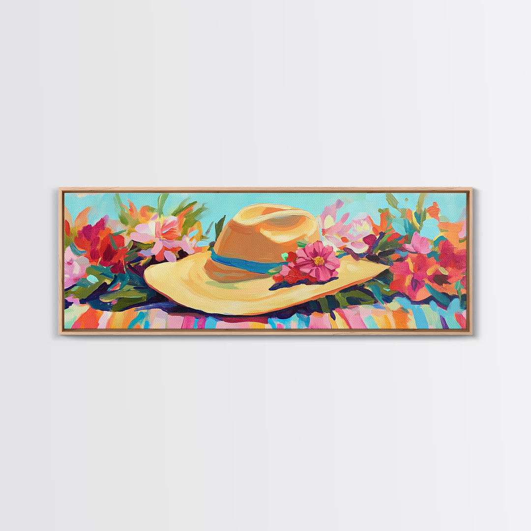 Straw Sun Hat With Tropical Flowers Canvas Print, Beach Wall Art, Coastal Cowgirl Decor, Summer Fashion Gift For Her Home Decor