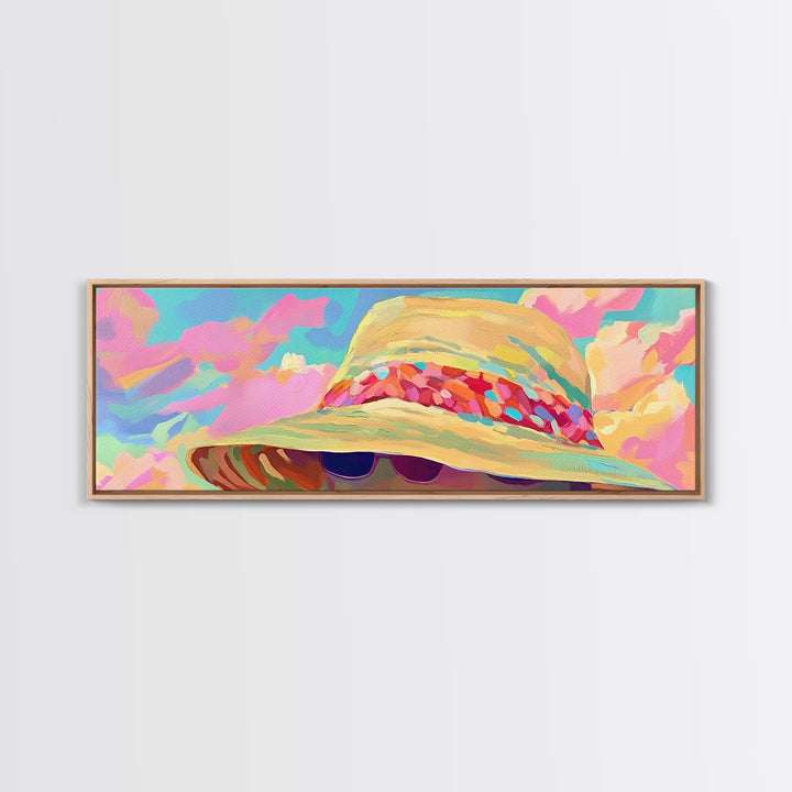 Wide Brim Beach Hat And Sunglasses Canvas Print, Coastal Wall Art, Summer Fashion Decor, Pink Preppy Bedroom Gift For Her