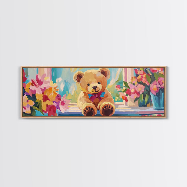 Sweet Teddy Bear By Flower Window Framed Canvas Print, Nursery Wall Art, Kids Room Decor, Whimsical Baby Girl Nursery Gift
