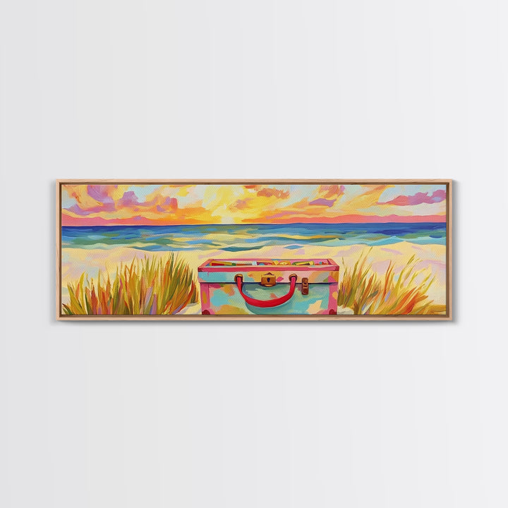 Beach Suitcase At Sunset Canvas Print, Coastal Wall Art, Ocean Wall Decor, Travel Poster, Beach House Decor Gift For Her