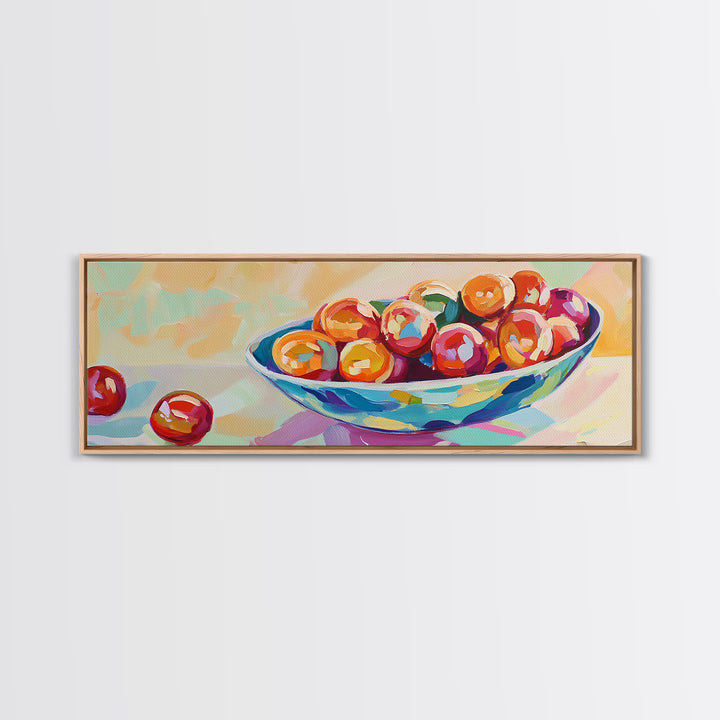 Glossy Cherries In Blue Bowl Canvas Print, Colorful Kitchen Wall Art, Fruit Still Life Painting, Dining Room Decor Gift Idea