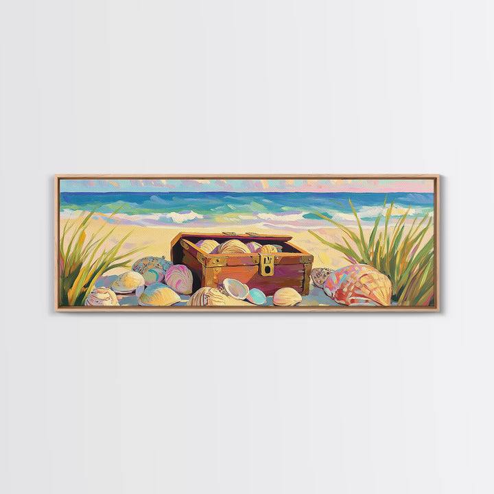 Beach Treasure Chest With Seashells Wall Art, Coastal Canvas Print, Ocean Decor, Beach House Decor, Summer Seascape Gift