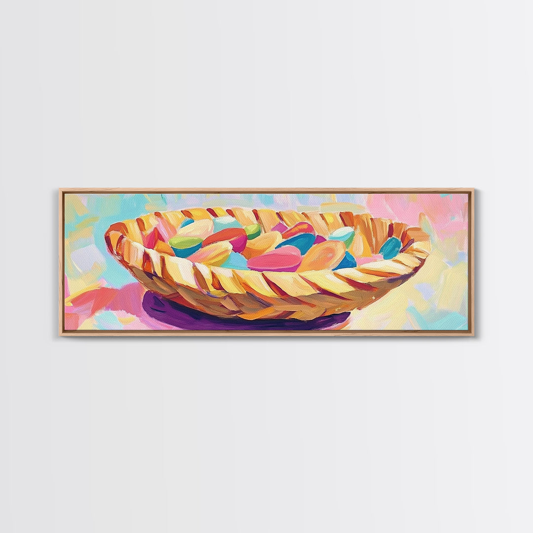 Woven Basket Of Colorful Candy Canvas Print, Whimsical Kitchen Wall Art, Dopamine Decor, Playful Dining Room Art Print Gift
