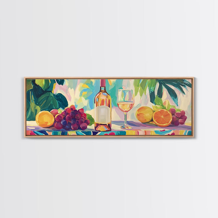 Wine Bottle With Citrus And Grapes Canvas Print, Colorful Kitchen Wall Art, Coastal Dining Room Decor, Wine Lover Gift Idea