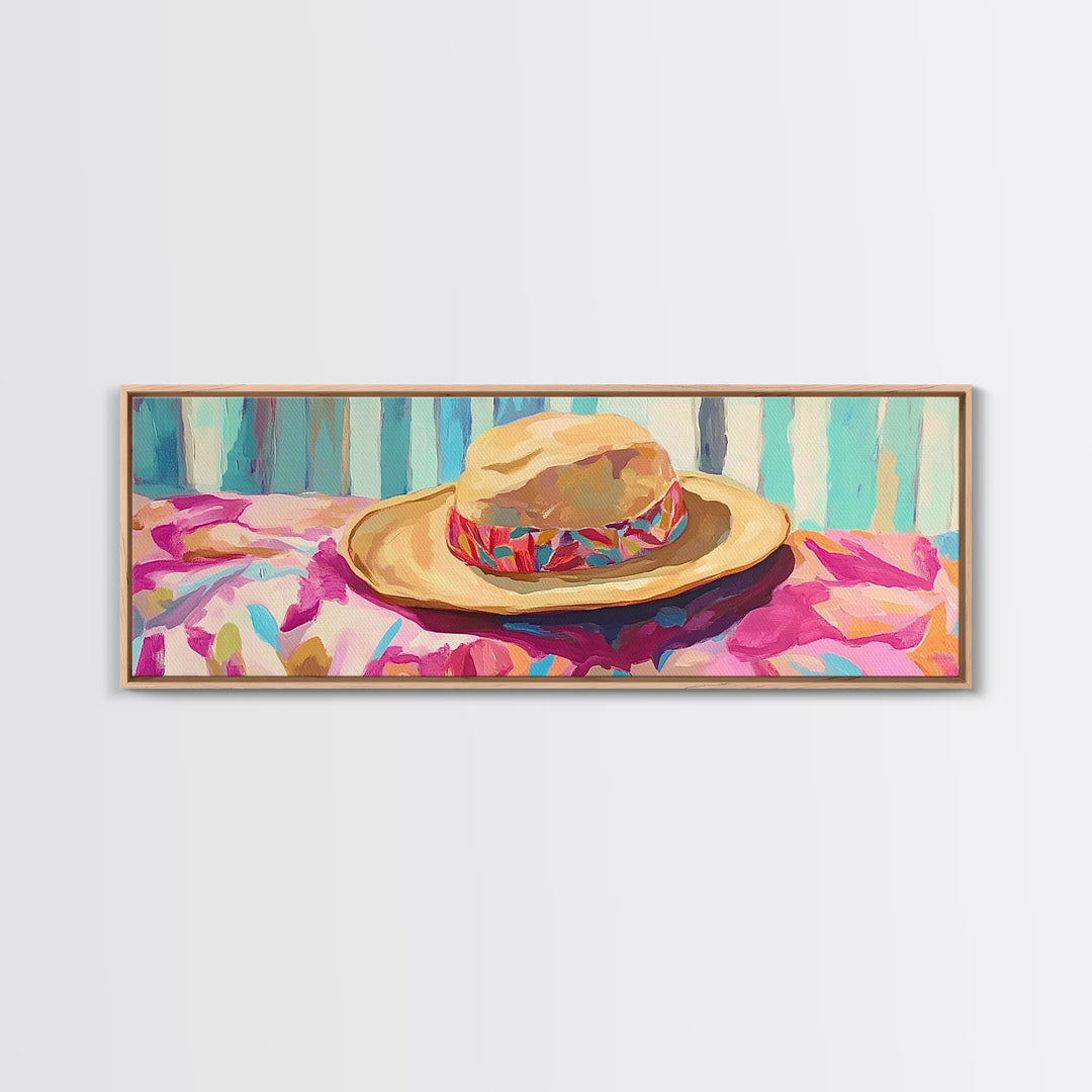 Straw Hat On Floral Beach Towel Canvas Print, Coastal Wall Art, Summer Patio Decor, Beach House Gift For Her, Tropical Home Decor