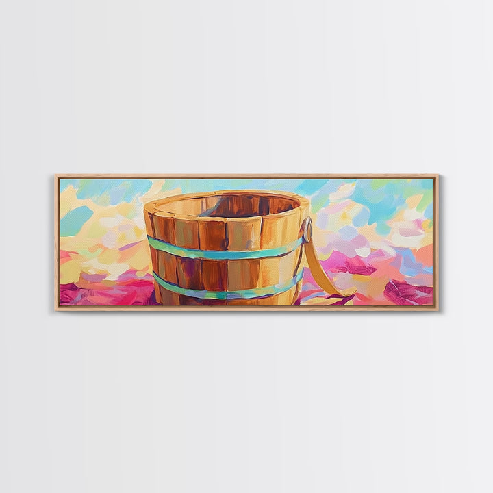 Wooden Beach Bucket On Pink Towel Canvas Print, Coastal Wall Art, Summer Bathroom Decor, Beach House Wall Decor Gift Idea
