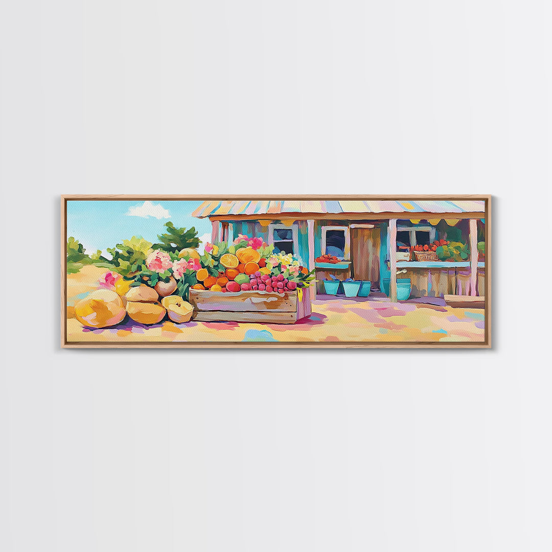 Fruit Stand With Flowers And Citrus Canvas Print, Farmhouse Kitchen Wall Art, Country Home Decor, Farmers Market Gift Idea