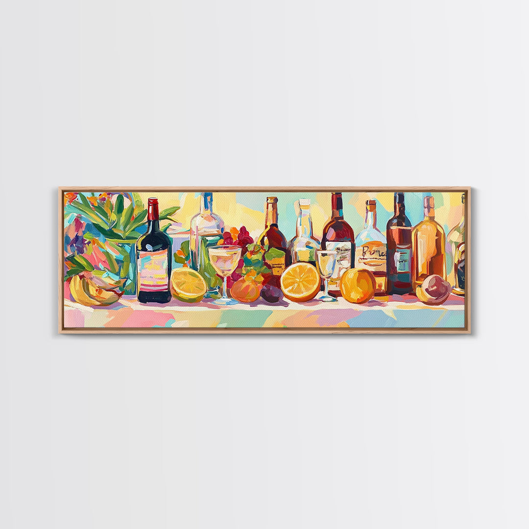 Colorful Wine Bottles And Citrus Still Life Canvas Print, Kitchen Wall Art, Dining Room Decor, Bar Cart Art, Wine Lover Gift