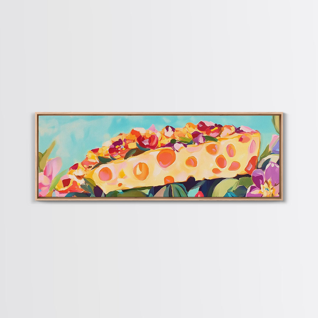 Whimsical Cheese Wedge Still Life Canvas Print, Kitchen Wall Art, Dining Room Decor, Foodie Gift, Colorful Kitchen Art Print