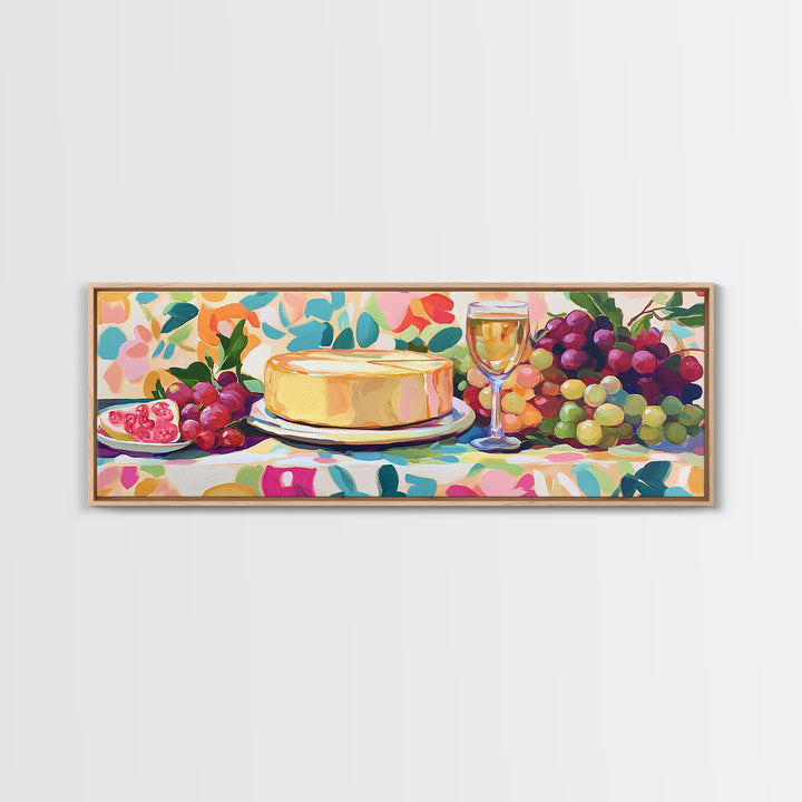 Cheese Wheel With Wine And Grapes Framed Canvas Print, Kitchen Wall Art, Dining Room Decor, Winery Decor, Housewarming Gift