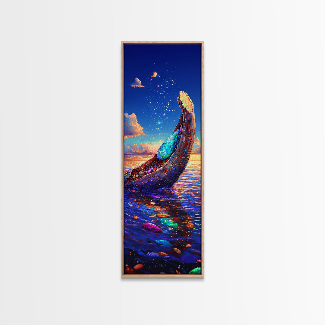 Moonlit Ocean Whale Canvas Print, Colorful Seascape Painting, Magical Coastal Wall Art, Beach House Decor, Fantasy Gift Idea