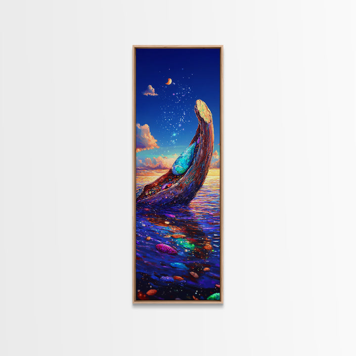Moonlit Ocean Whale Canvas Print, Colorful Seascape Painting, Magical Coastal Wall Art, Beach House Decor, Fantasy Gift Idea