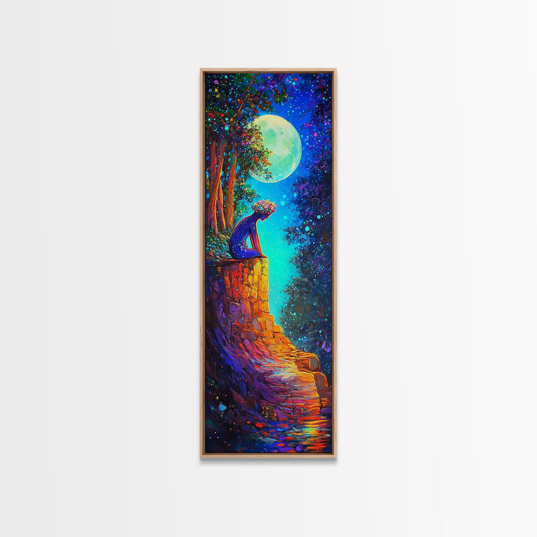 Moonlit Black Cat On Stone Wall Canvas Print, Whimsical Fantasy Wall Art, Celestial Decor, Cat Lover Gift, Nursery Art Print