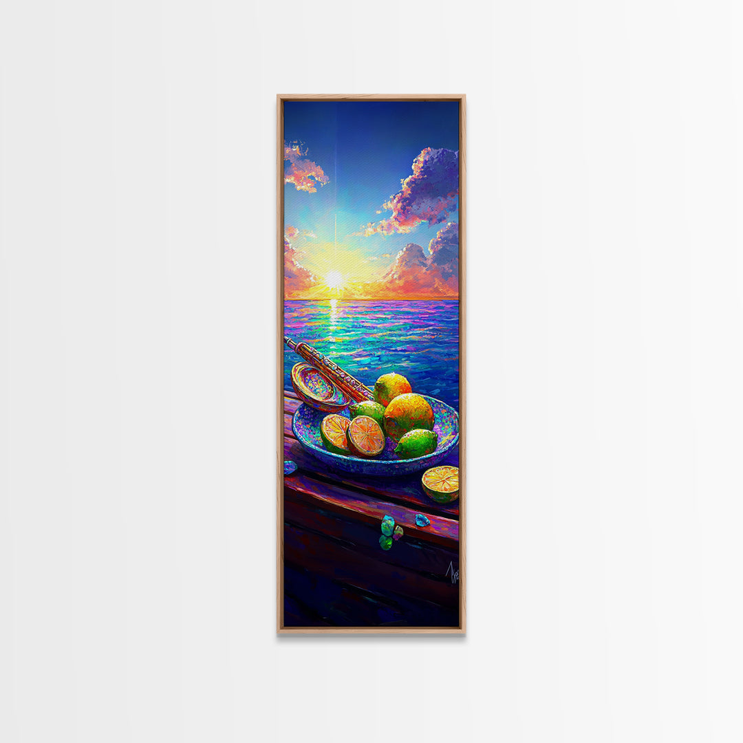 Ocean Sunset With Limes And Oar Framed Canvas Print, Coastal Kitchen Wall Art, Beach House Decor, Vibrant Seascape Art Print