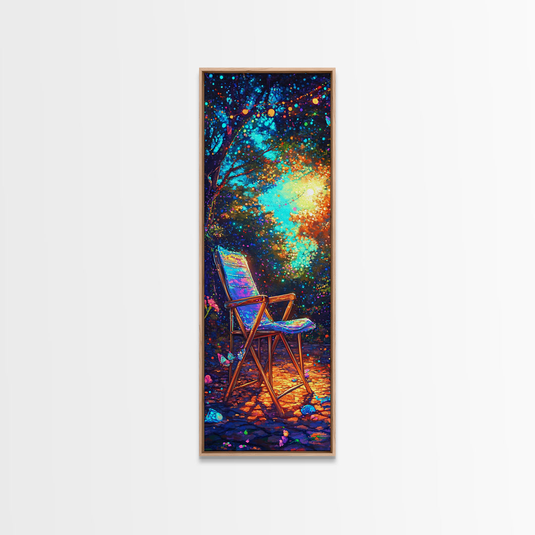 Empty Chair In Glowing Forest Wall Art, Magical Nature Canvas Print, Whimsical Garden Decor, Cozy Outdoor Patio Art Print