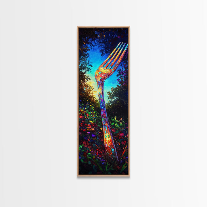 Giant Rainbow Fork In Garden Wall Art, Surreal Kitchen Canvas Print, Whimsical Food Decor, Funky Dining Room Art Print Gift