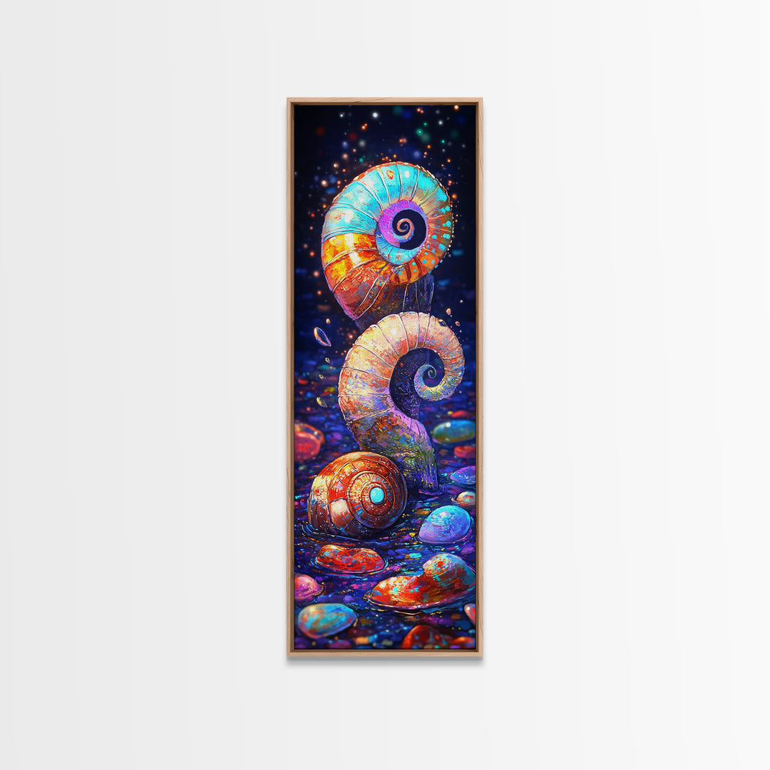 Rainbow Spiral Seashells And Pebbles Wall Art, Coastal Canvas Print, Nautical Bathroom Decor, Ocean Lover Gift For Her Beach