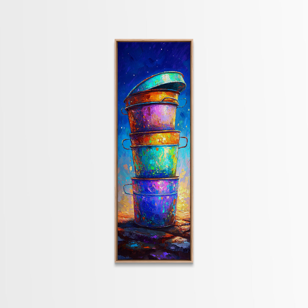 Stacked Rainbow Metal Buckets Framed Canvas Print, Rustic Farmhouse Wall Art, Colorful Laundry Room Decor, Unique Art Gift