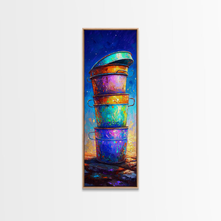Stacked Rainbow Metal Buckets Framed Canvas Print, Rustic Farmhouse Wall Art, Colorful Laundry Room Decor, Unique Art Gift