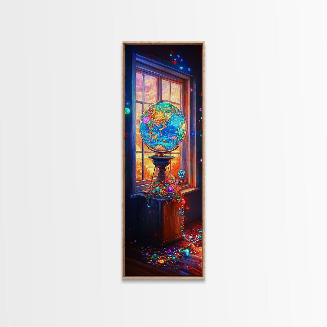 Glowing Jeweled Globe By Window Framed Canvas Print, Colorful Celestial Wall Art, Whimsical Office Decor, Unique Art Gift