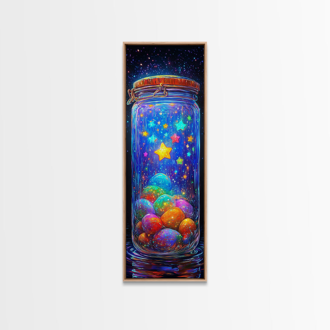 Glowing Star Jar With Tiny Planets Wall Art, Whimsical Celestial Canvas, Colorful Nursery Decor, Space Lover Gift Print Poster