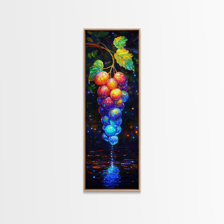 Glowing Grapes Reflecting On Water Framed Canvas Print, Vineyard Wall Art, Colorful Kitchen Decor, Fruit Art Poster Gift