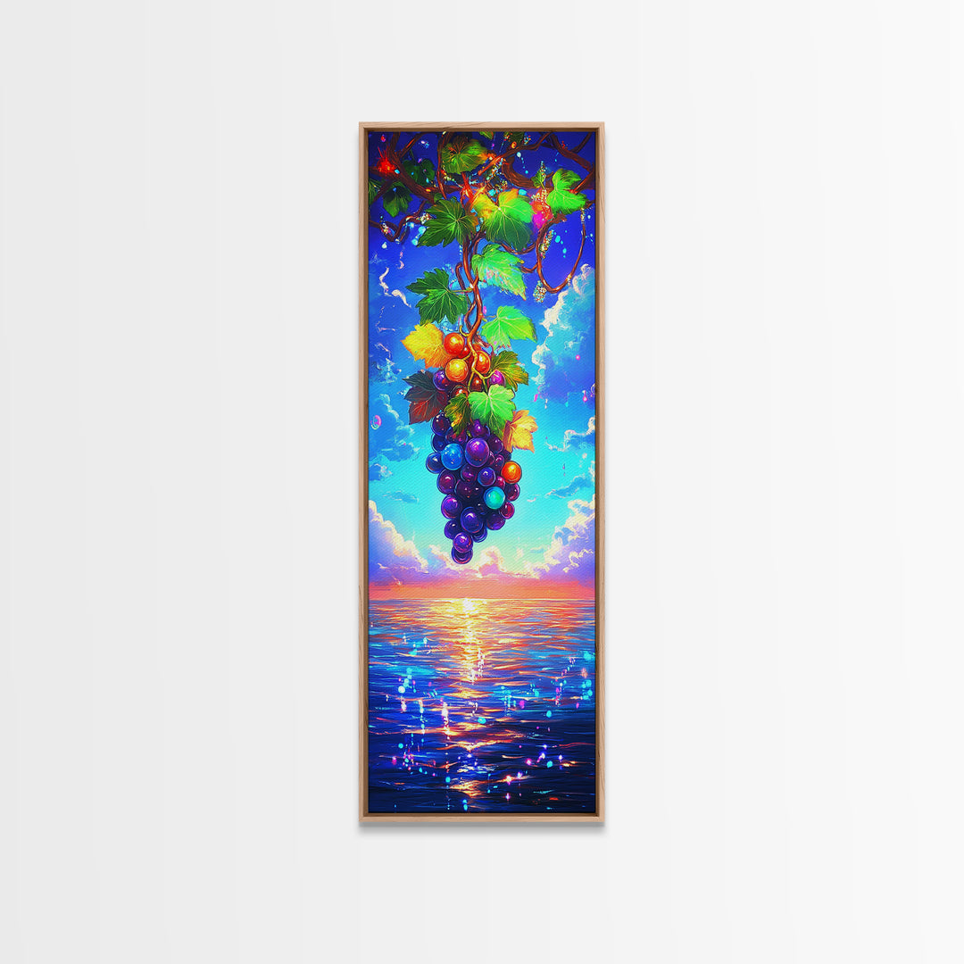 Sunlit Grapes Over Ocean Sunset Canvas Print, Vineyard Wall Art, Coastal Kitchen Decor, Colorful Fruit Art Housewarming Gift