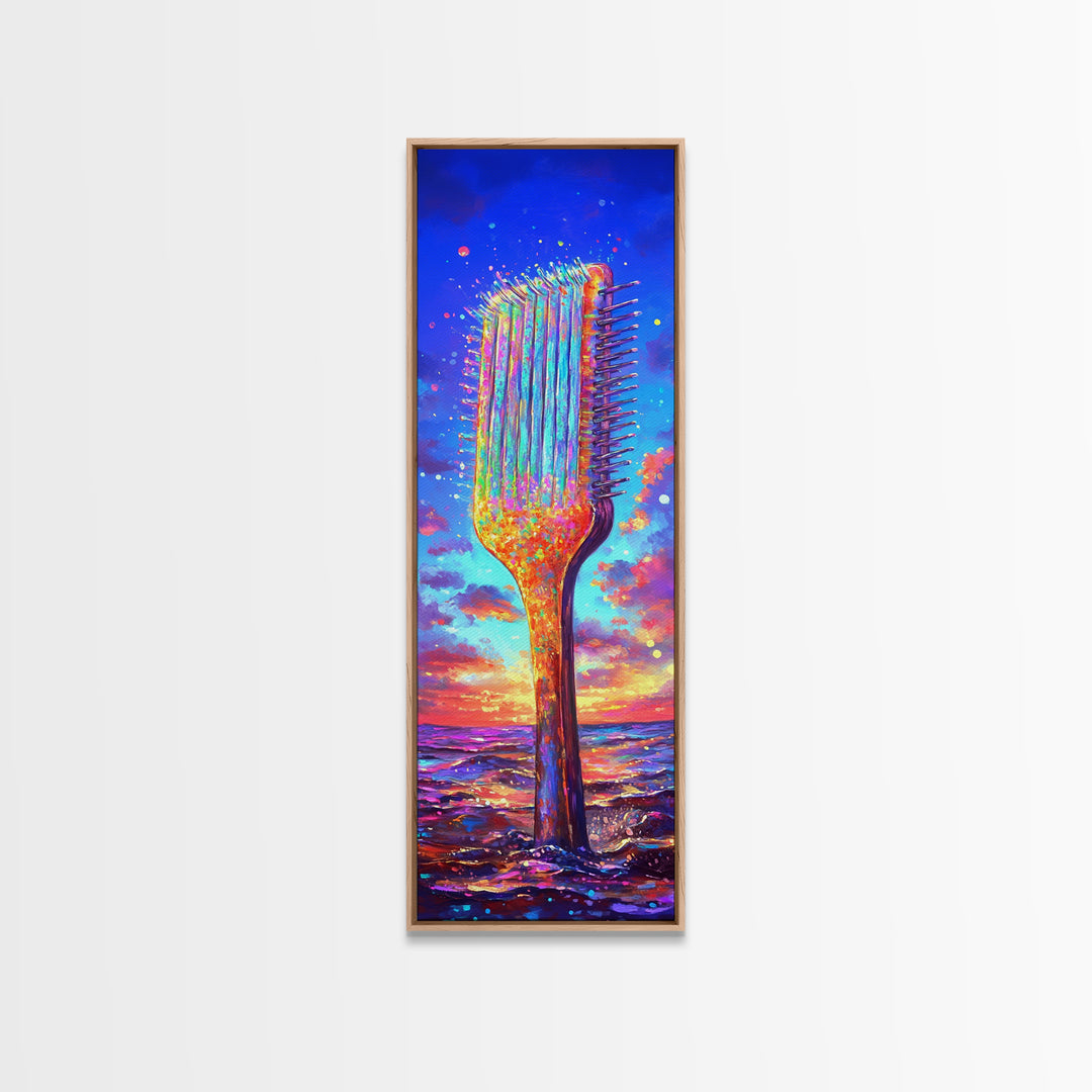 Giant Rainbow Hair Comb At Ocean Sunset Canvas Print, Salon Wall Art, Beauty Salon Decor, Colorful Coastal Gift Print Poster