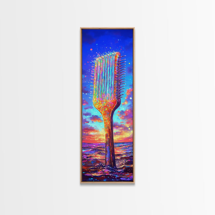 Giant Rainbow Hair Comb At Ocean Sunset Canvas Print, Salon Wall Art, Beauty Salon Decor, Colorful Coastal Gift Print Poster