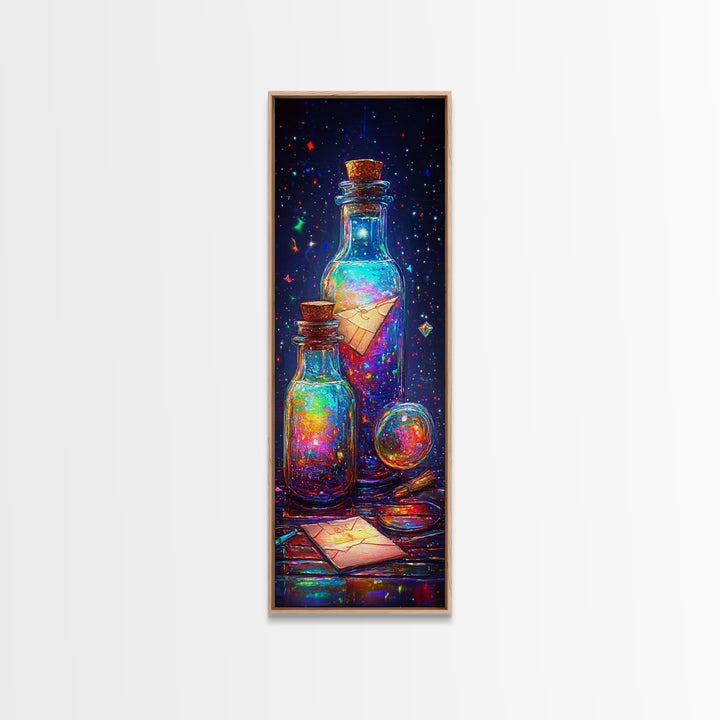 Glowing Message Bottles With Paper Boats Canvas Print, Celestial Wall Art, Fantasy Decor, Magical Art Print, Unique Gift