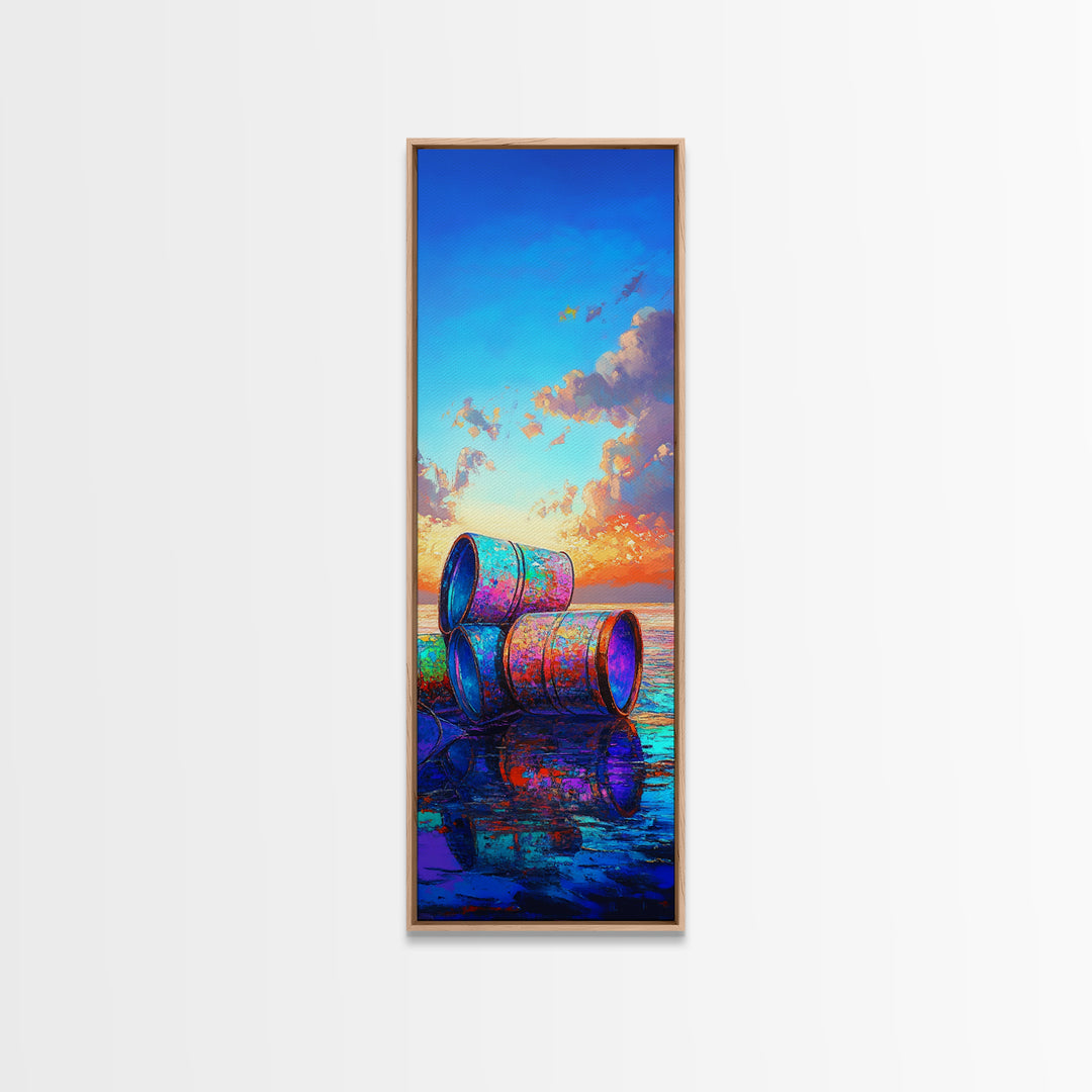 Colorful Beach Barrels Framed Canvas Print, Coastal Wall Art, Ocean Sunset Painting, Nautical Home Decor, Beach House Gift
